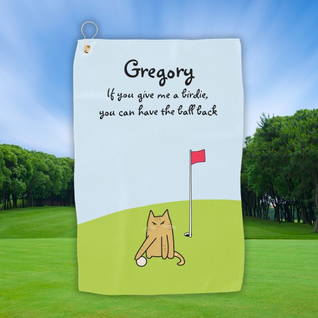 Personalized Funny Cartoon Cat Golf Joke Golf Towel (Creator Uploaded)