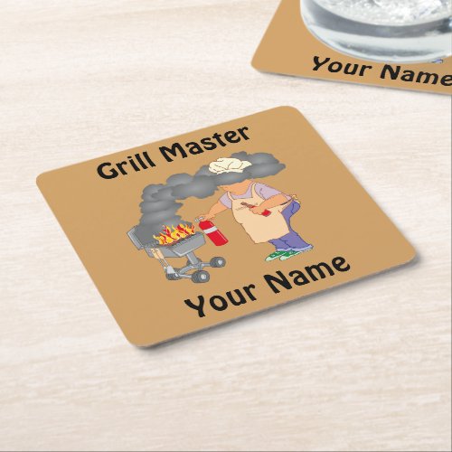 Personalized Funny Cartoon Grill Master Square Paper Coaster