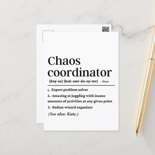 Personalized Funny Chaos Coordinator Definition Postcard