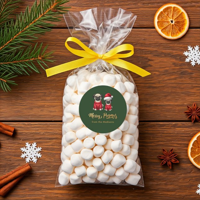 Personalized Funny Christmas Holiday Merry Pugmas Classic Round Sticker (Personalized Cute Funny Christmas Holiday Merry Pugmas Packaging Idea Green Sticker)