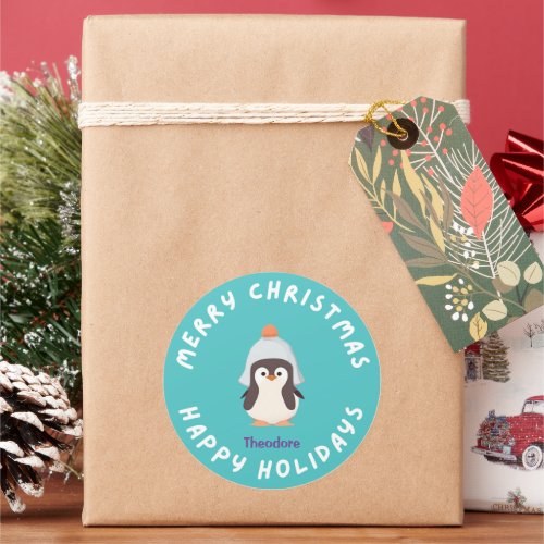 Personalized Funny Christmas Holiday Penguin Blue Classic Round Sticker