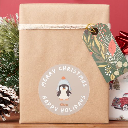 Personalized Funny Christmas Holiday Penguin Pink Classic Round Sticker