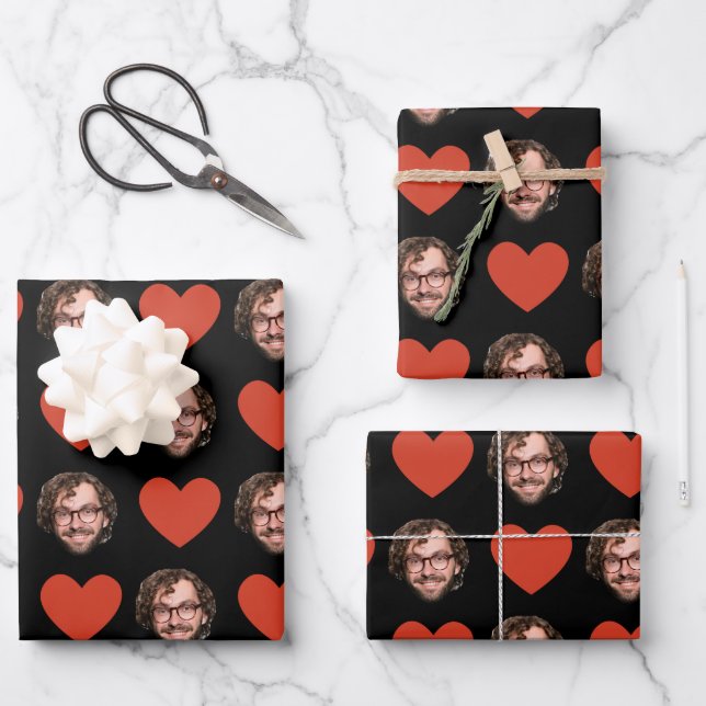 Personalized Funny Custom Face Photo Love Heart Wrapping Paper Sheets (Front)