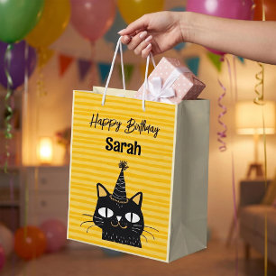 Personalized Funny Cute Black Cat Happy Birthday Medium Gift Bag