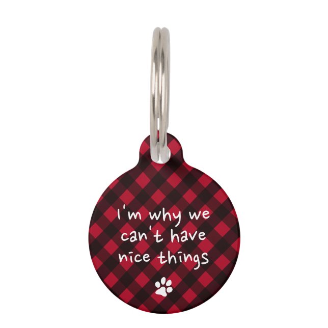 Personalized Funny Dog Puppy Red Black Plaid Pet ID Tag (Front)