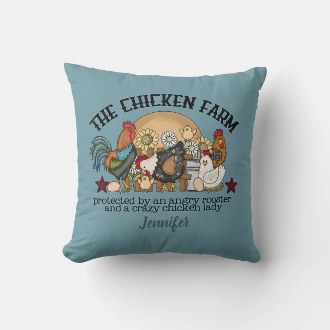 Personalized Funny Dusty Blue Chicken Farm   Throw Pillow (Front)