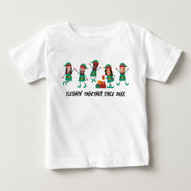 Personalized Funny Face Photo Christmas Elf Baby T-Shirt (Front)