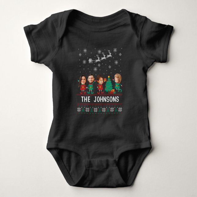 Personalized Funny Face Photo Christmas Elf Family Baby Bodysuit (Front)