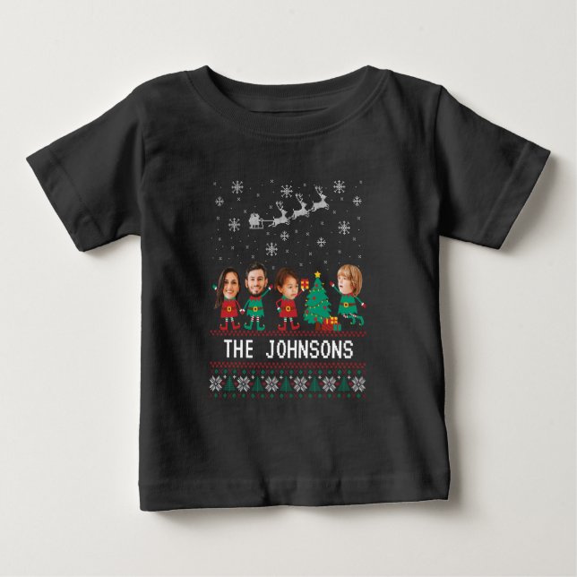 Personalized Funny Face Photo Christmas Elf Family Baby T-Shirt (Front)