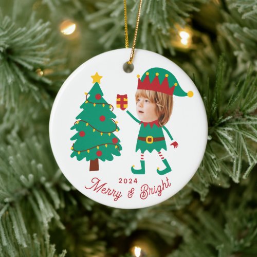 Personalized Funny Face Photo Christmas Elf Family Ceramic Ornament