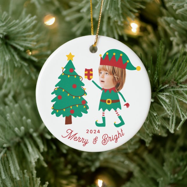 Personalized Funny Face Photo Christmas Elf Family Ceramic Ornament (Tree)