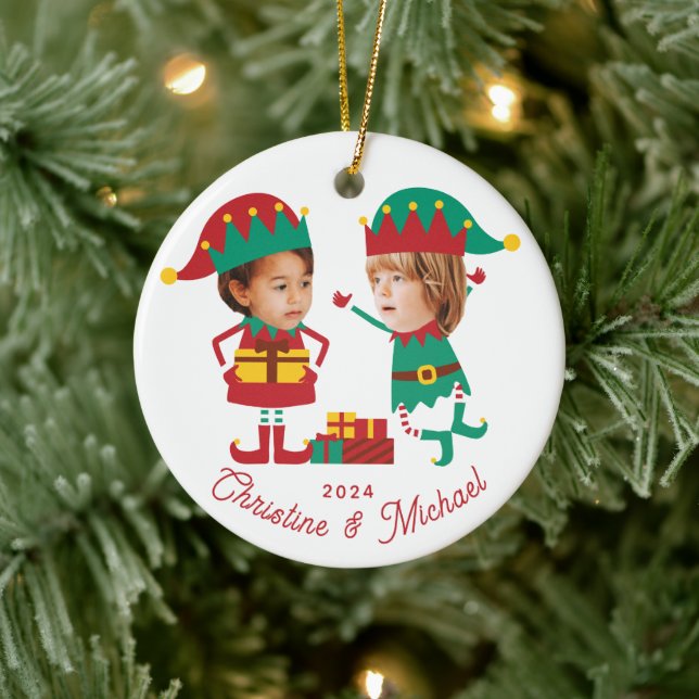 Personalized Funny Face Photo Christmas Elf Family Ceramic Ornament (Tree)