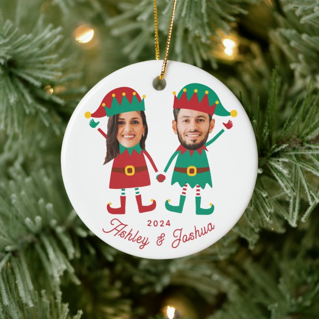 Personalized Funny Face Photo Christmas Elf Family Ceramic Ornament (Tree)