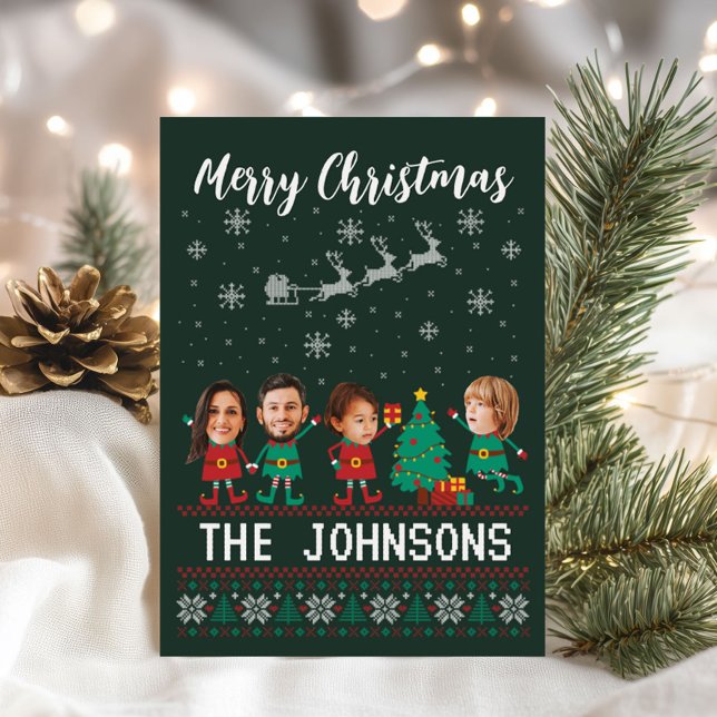 Personalized Funny Face Photo Christmas Elf Family Holiday Card (Creator Uploaded)