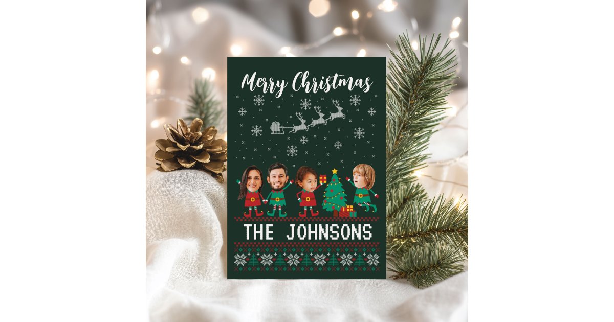 Personalized Funny Face Photo Christmas Elf Family Holiday Card | Zazzle