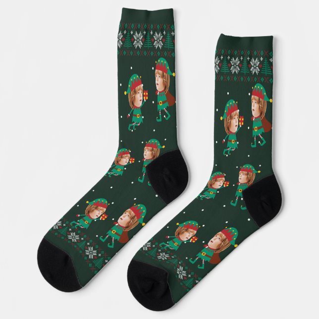 Personalized Funny Face Photo Christmas Elf Family Socks (Left)