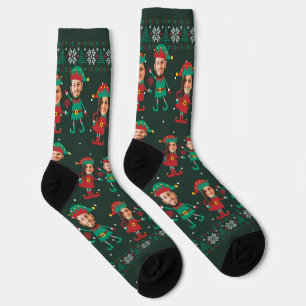 Personalized Funny Face Photo Christmas Elf Family Socks