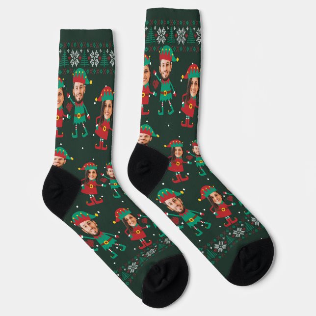 Personalized Funny Face Photo Christmas Elf Family Socks (Right)