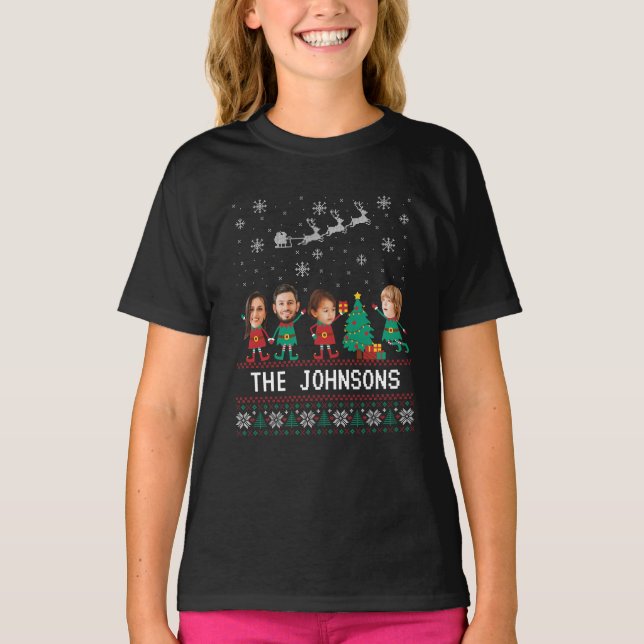 Personalized Funny Face Photo Christmas Elf Family T-Shirt (Front)