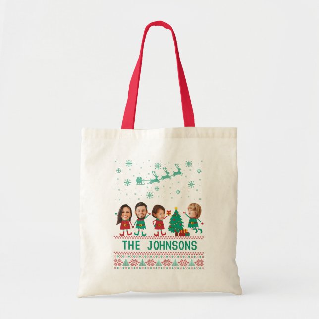 Personalized Funny Face Photo Christmas Elf Family Tote Bag (Front)