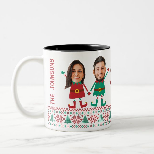 Personalized Funny Face Photo Christmas Elf Family Two-Tone Coffee Mug (Left)