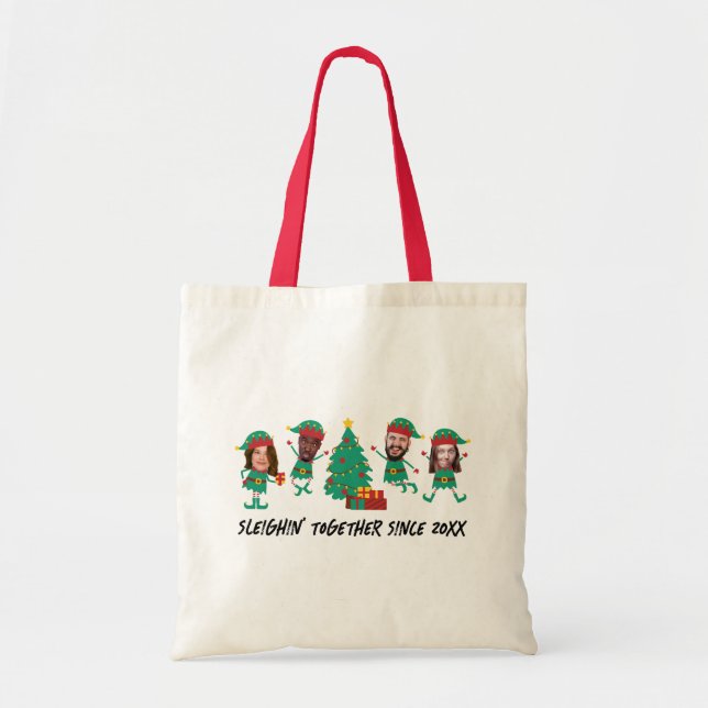 Personalized Funny Face Photo Christmas Elf Tote Bag (Front)