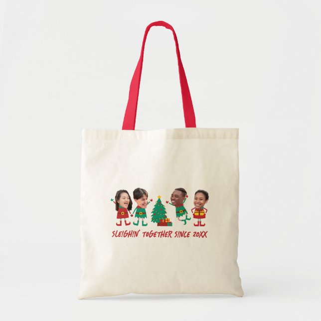 Personalized Funny Face Photo Christmas Elf Tote Bag (Front)