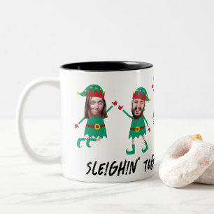 Personalized Funny Face Photo Christmas Elf Two-Tone Coffee Mug