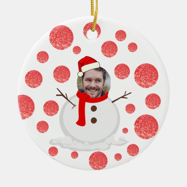 Personalized funny face photo snowman christmas ce ceramic ornament (Front)