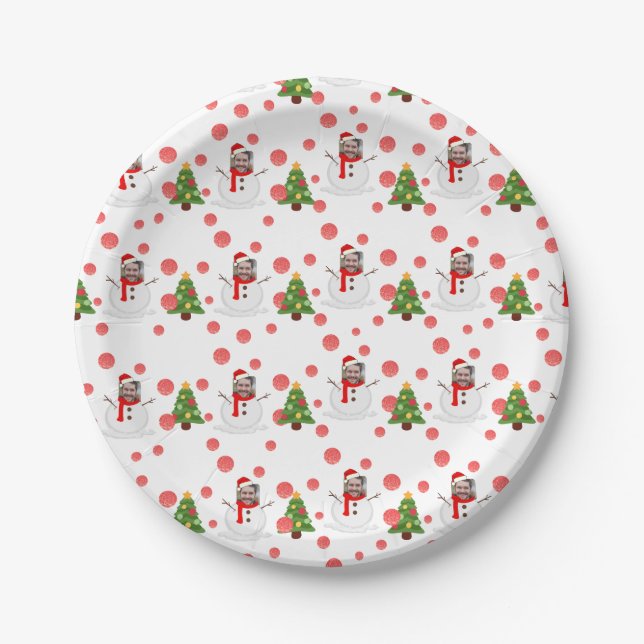 Personalized funny face photo snowman paper plates (Front)