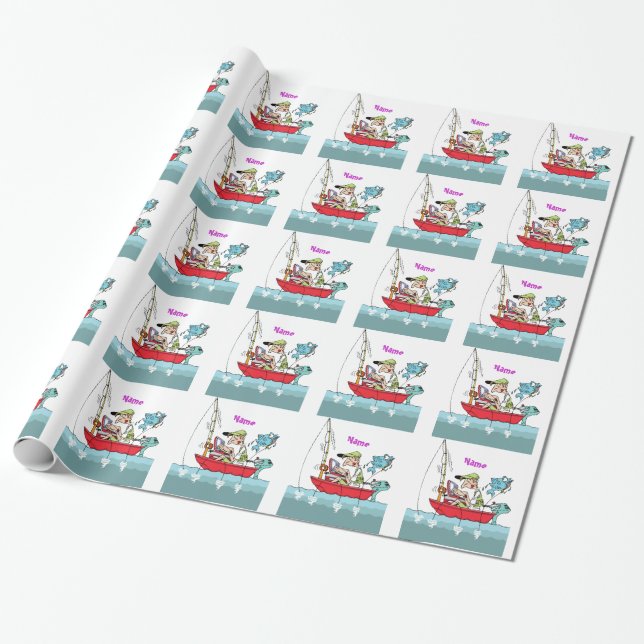 Personalized Funny Fishing Cartoon Wrapping Paper (Unrolled)