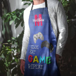 Personalized Funny Gamers All-Over Print Apron<br><div class="desc">The perfect Gamers apron featuring a blue pixel background,  two console controllers and the funny saying 'Cook,  Eat,  GAME,  Repeat'. Personalize by adding a monogram of their name and inital. Great gift for husbands,  boyfriends,  dads and brothers.</div>
