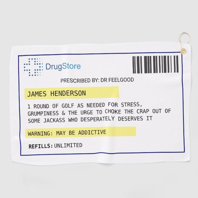 Personalized funny golf prescription golf towel (Horizontal)