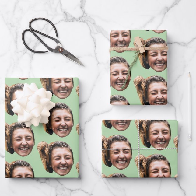 Personalized Funny Green Custom Face Photo Girly Wrapping Paper Sheets (Front)