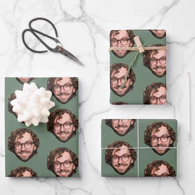 Personalized Funny Green Custom Face Photo Wrapping Paper Sheets (Front)