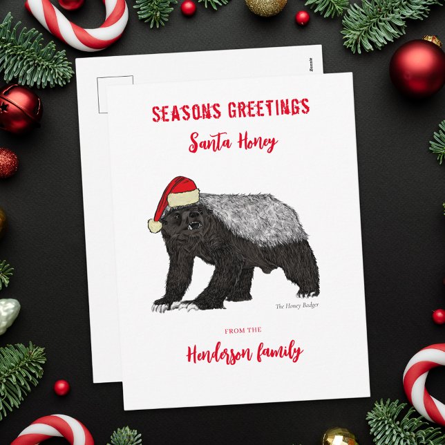 Personalized Funny Honey Badger Santa Holiday Postcard (Personalized funny honey Badger Santa family name holiday greetings flat card badass christmas anima)