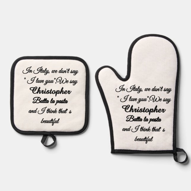 Personalized Funny Italian Quote Butta La Pasta Ov Oven Mitt & Pot Holder Set (Front)
