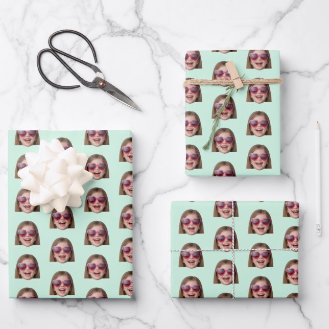 Personalized Funny Mint Green Custom Face Photo Wrapping Paper Sheets (Front)