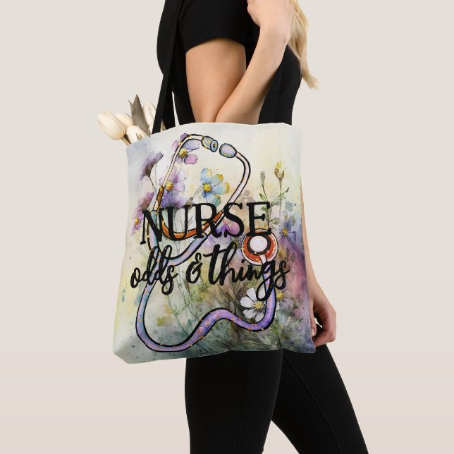 Personalized Funny Nurse Floral Stethoscope Boho  Tote Bag (Close Up)