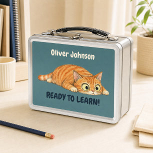 Personalized Funny Orange Cat Dark Teal Metal Lunch Box