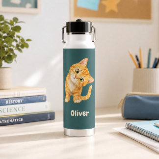 Personalized Funny Orange Cat Dark Teal Water Bottle