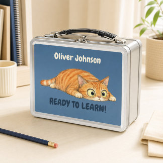 Personalized Funny Orange Cat Denim Blue Metal Lunch Box