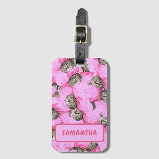 Personalized Funny Pink Cat Luggage Tag (Front Vertical)