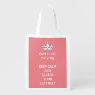 Personalized Funny Pink Keep Calm New Driver Quote Grocery Bag