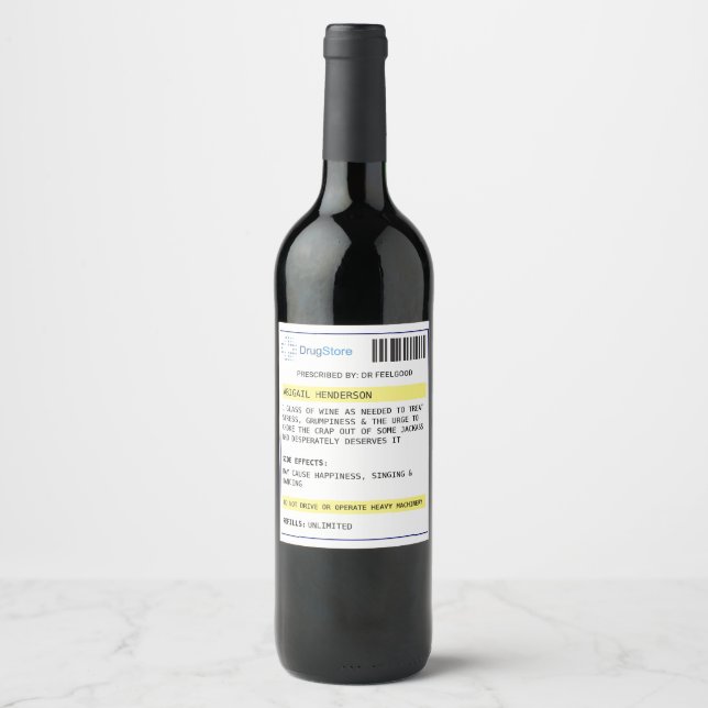 Personalized funny prescription wine label (Front)
