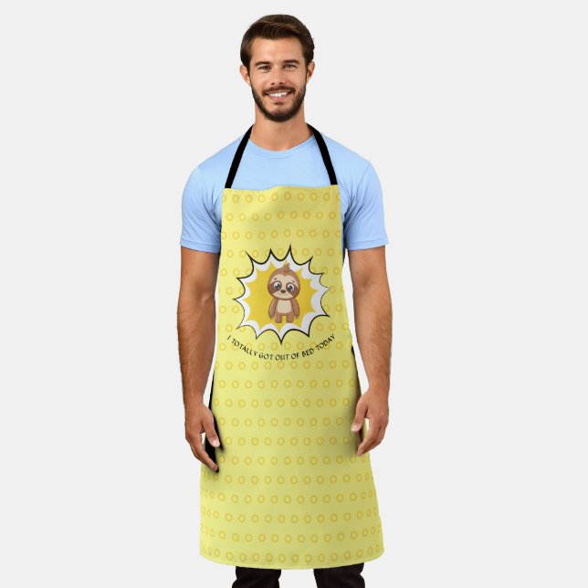 Personalized Funny Quote | Yellow Polka Dot Sloth Apron (Worn)