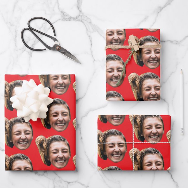 Personalized Funny Red Custom Face Photo Girly Wrapping Paper Sheets (Front)