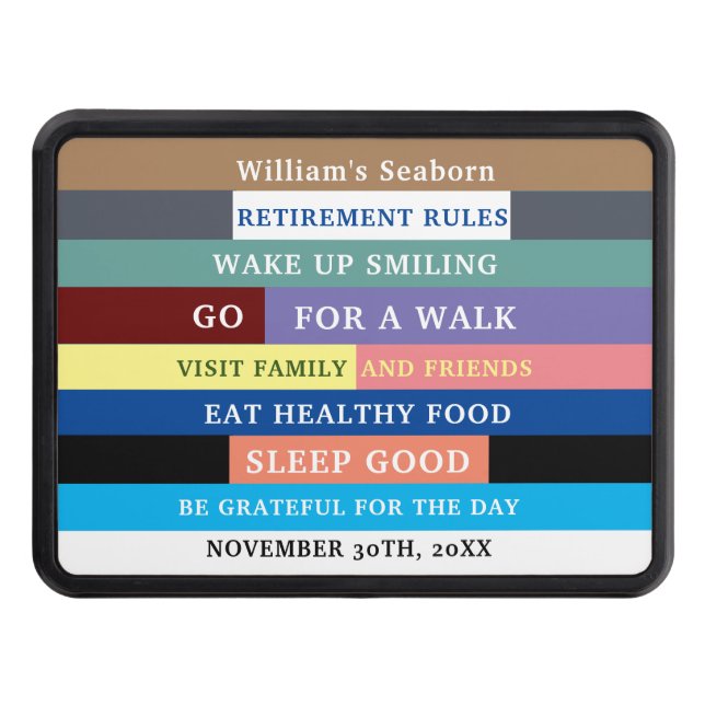 Personalized Funny Retirement Rules Humor Hitch Cover (Front)