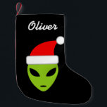 Personalized funny santa alien Christmas stocking<br><div class="desc">Personalized funny santa alien Christmas stocking with custom name. Red and black or customizable color. Cute extraterrestrial xmas decor for the Holidays. Change the quantity to get the cheapest price per sock. Script typography text. Fun space decorations for men women and kids. Green alien head with big black eyes wearing...</div>