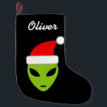 Personalized funny santa alien Christmas stocking<br><div class="desc">Personalized funny santa alien Christmas stocking with custom name. Red and black or customizable color. Cute extraterrestrial xmas decor for the Holidays. Change the quantity to get the cheapest price per sock. Script typography text. Fun space decorations for men women and kids. Green alien head with big black eyes wearing...</div>